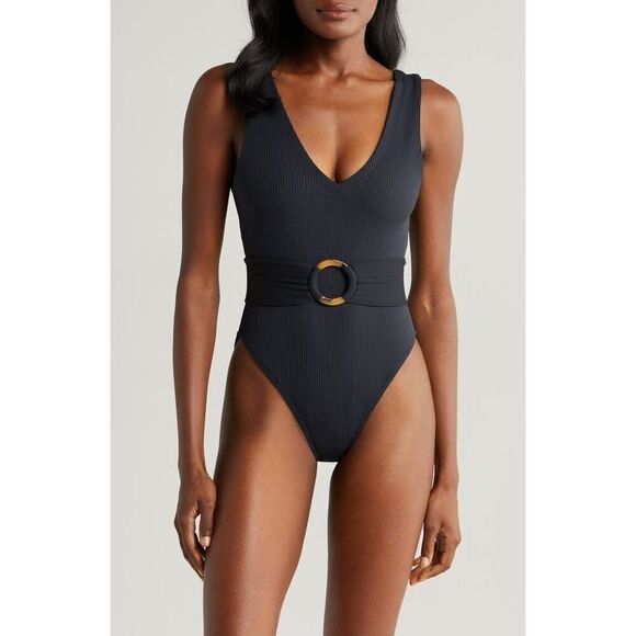 Montce Women's Black Ribbed Belted One Piece Swimsuit Size Medium NWOT - Picture 1 of 7